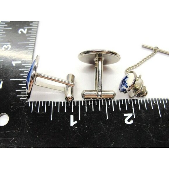 Deft Blue Cufflinks and Tie Tac Set Silver Tone Tux Shirt Dress Suit Vintage - Picture 5 of 5